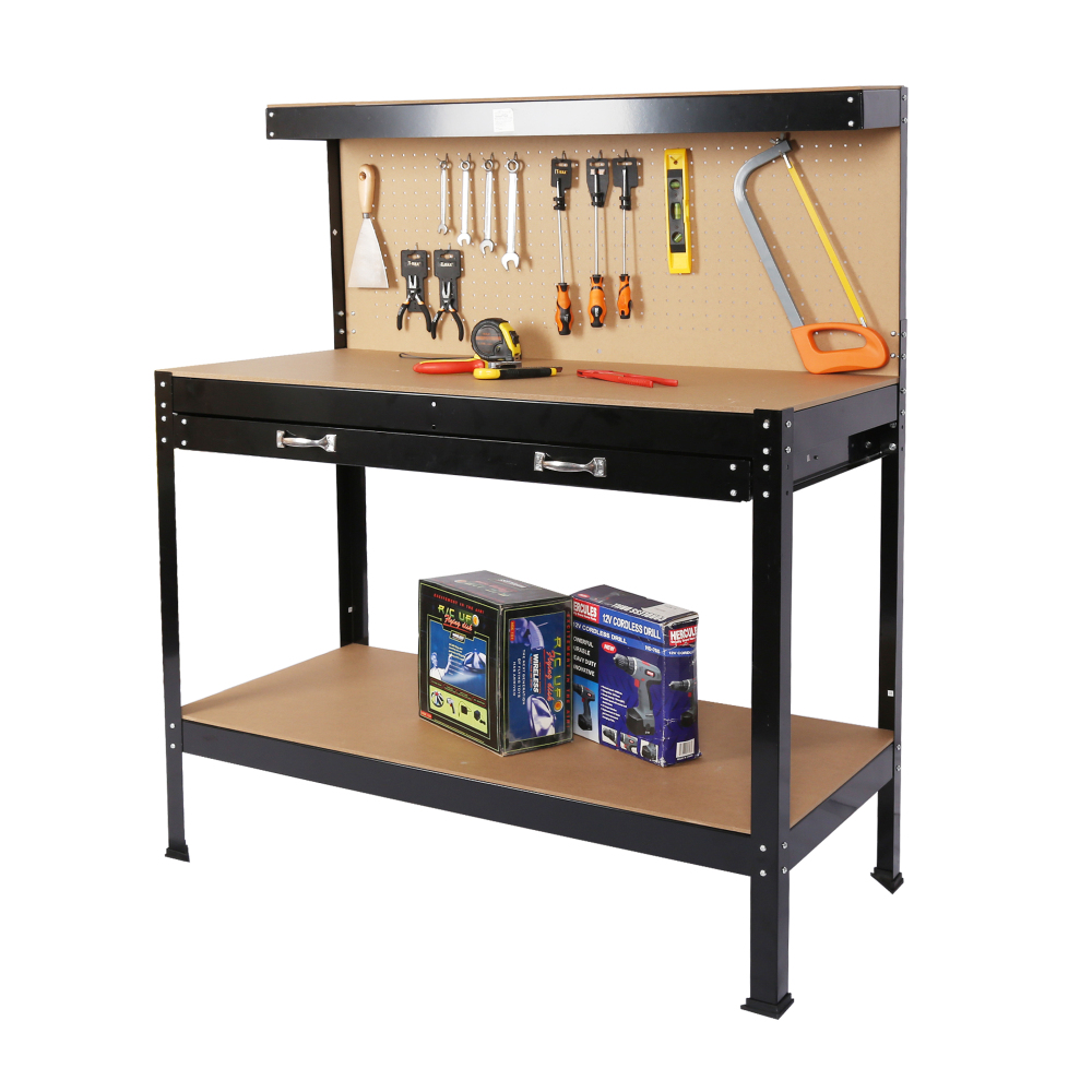 Workshop Tools Table - スチール製ワークベンチツール収納ワークベンチワークショップツールテーブル（引き出しとペグボード付き）63インチ