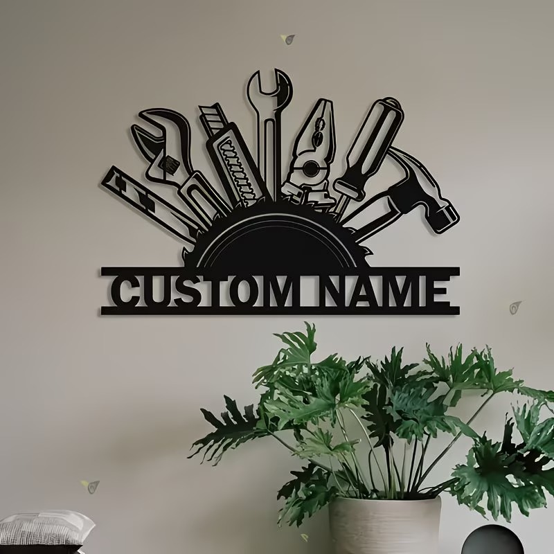 Workshop Tools And Names - カスタムメタルツールウォールアート - パーソナライズされたワークショップ名サイン、ツールのシルエット付き耐久性のあるメタル製ホームデコレーション、ホームオフィス用